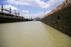 One of the locks of the Panama Canal.  Completed in 1914, there are ships that are now too big for these massive locks and they are in the process of building new ones to accommodate the traffic.